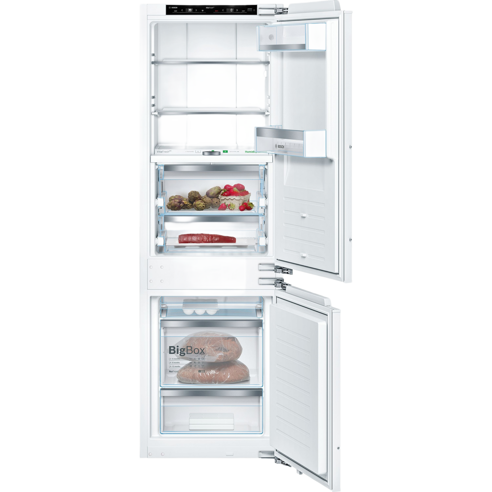 white built-in refrigerator with bottom freezer featuring transparent drawers and adjustable shelving in kitchen appliances collection