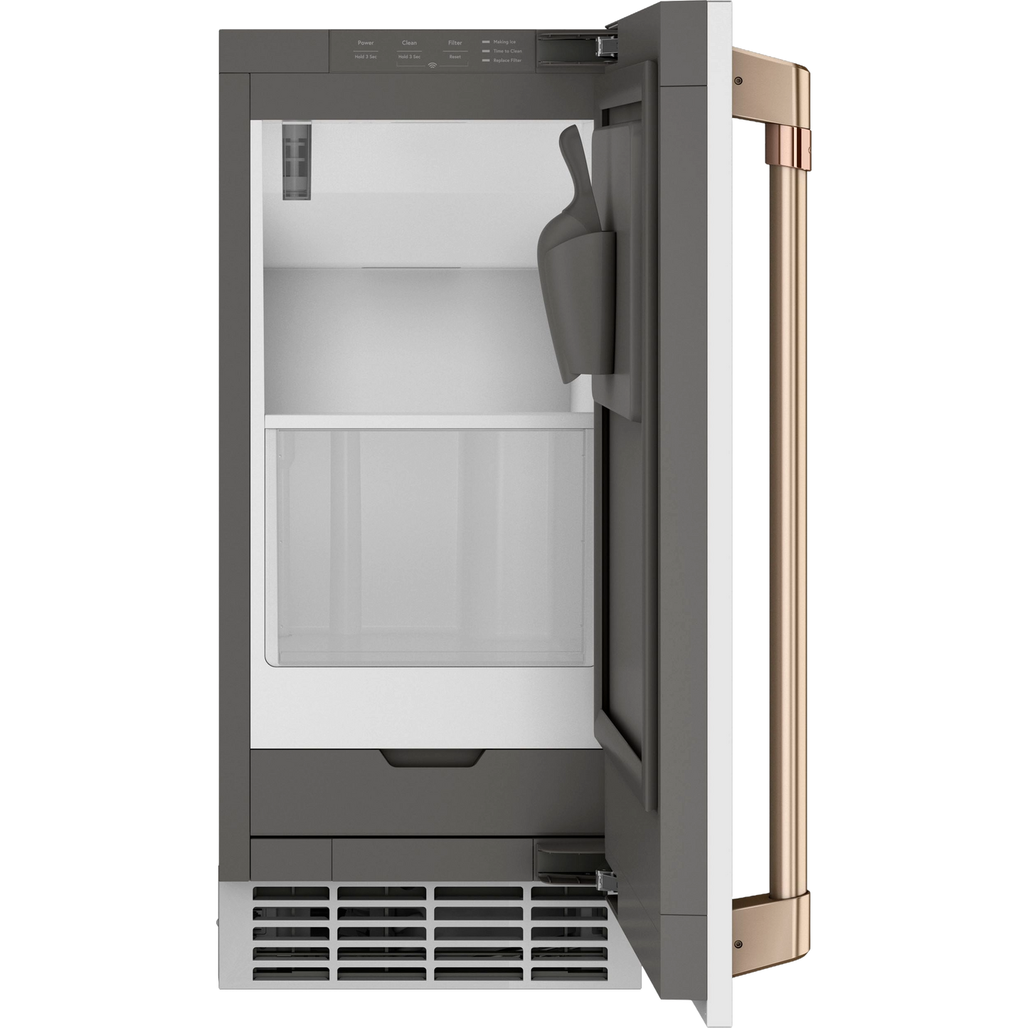Open refrigerator ice maker door with brushed gold handle and scooper inside from kitchen appliances collection