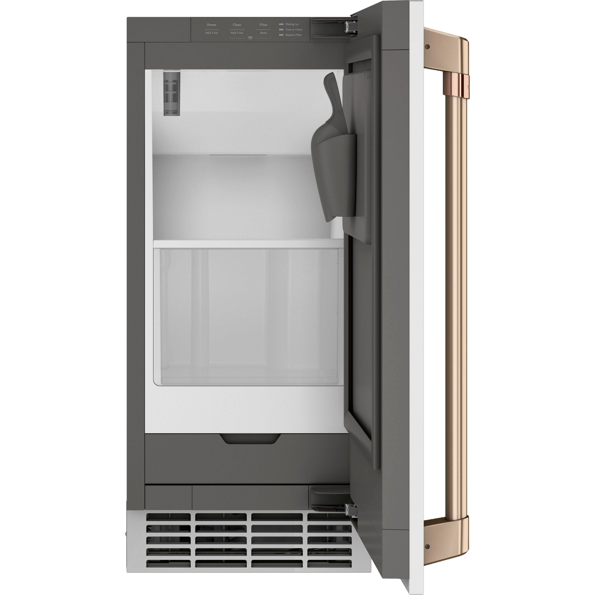 Open refrigerator ice maker door with brushed gold handle and scooper inside from kitchen appliances collection