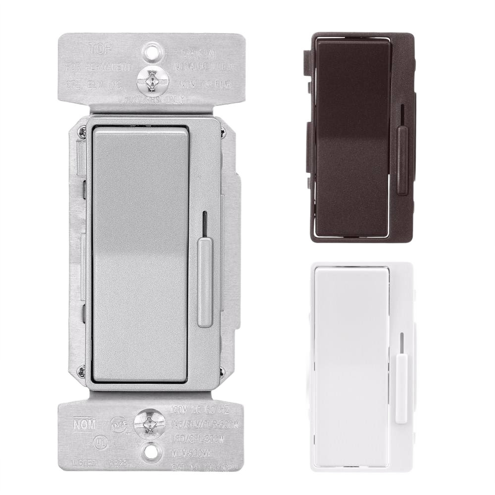Three Eaton decorator dimmer switches in silver granite, brown, and white for electrical home improvement projects under $50.