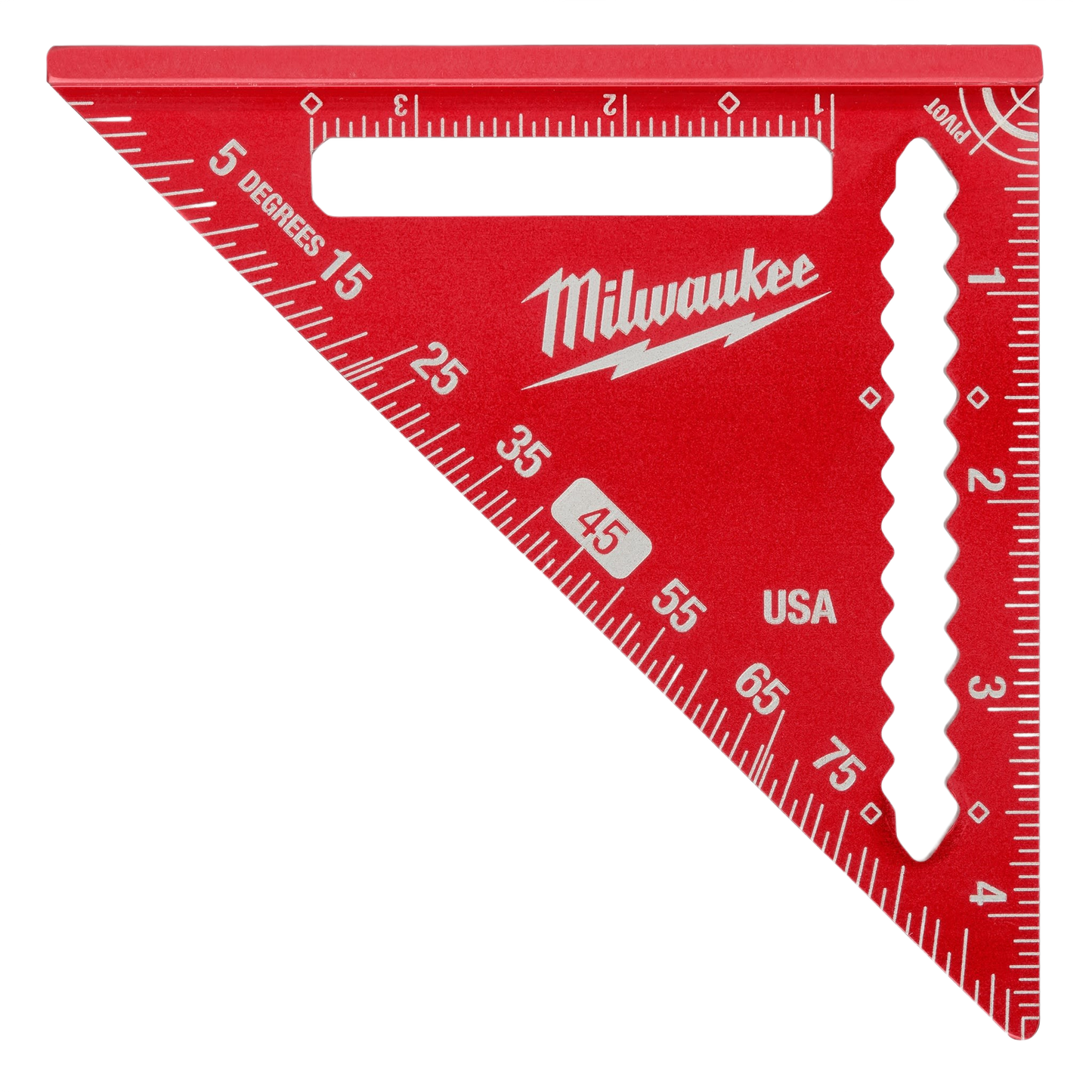 Red aluminum trim square with degree and inch markings and a handle cutout for precise measuring in home improvement tasks