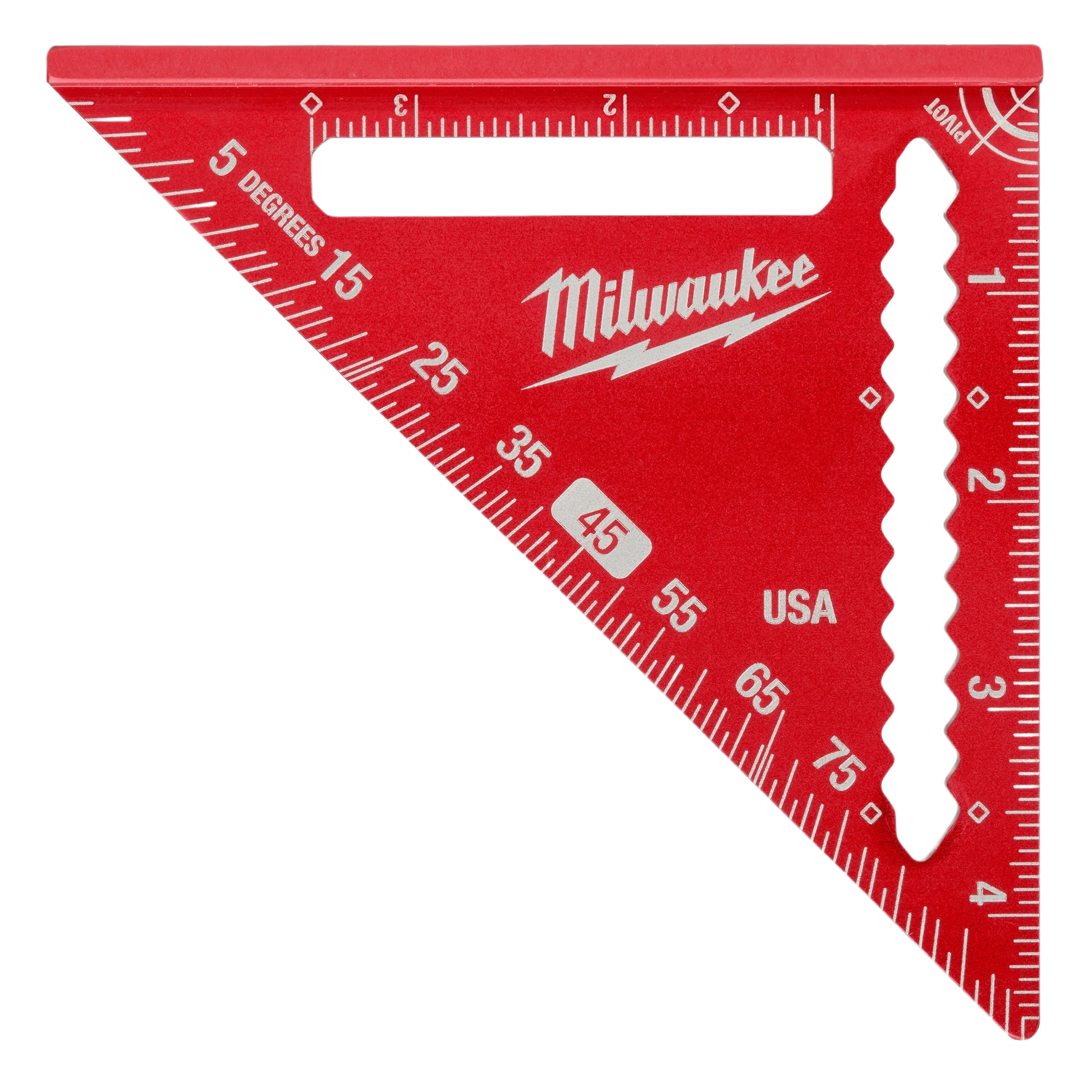 Red aluminum trim square with degree and inch markings and a handle cutout for precise measuring in home improvement tasks
