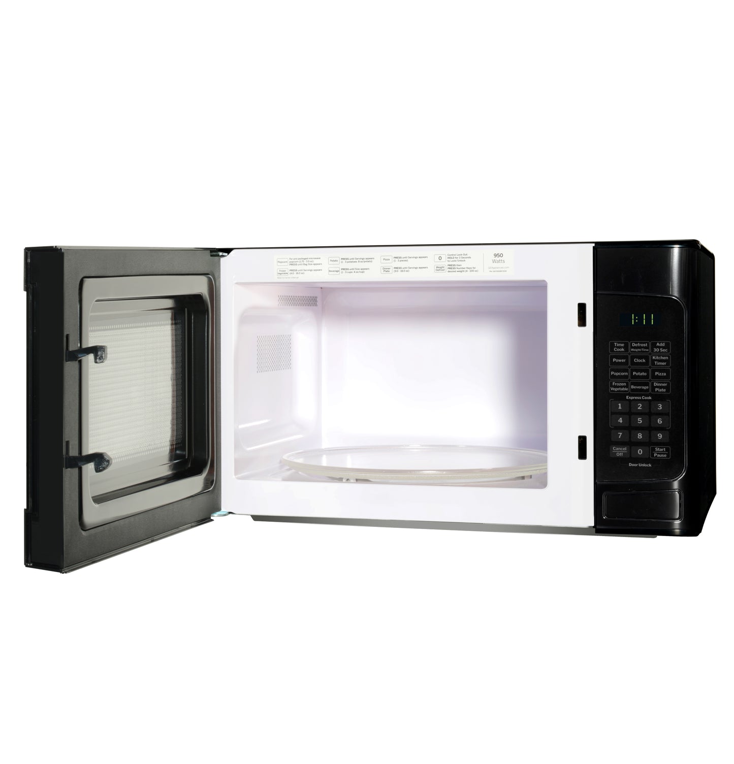 Open black countertop microwave with digital keypad and empty interior from kitchen appliances collection