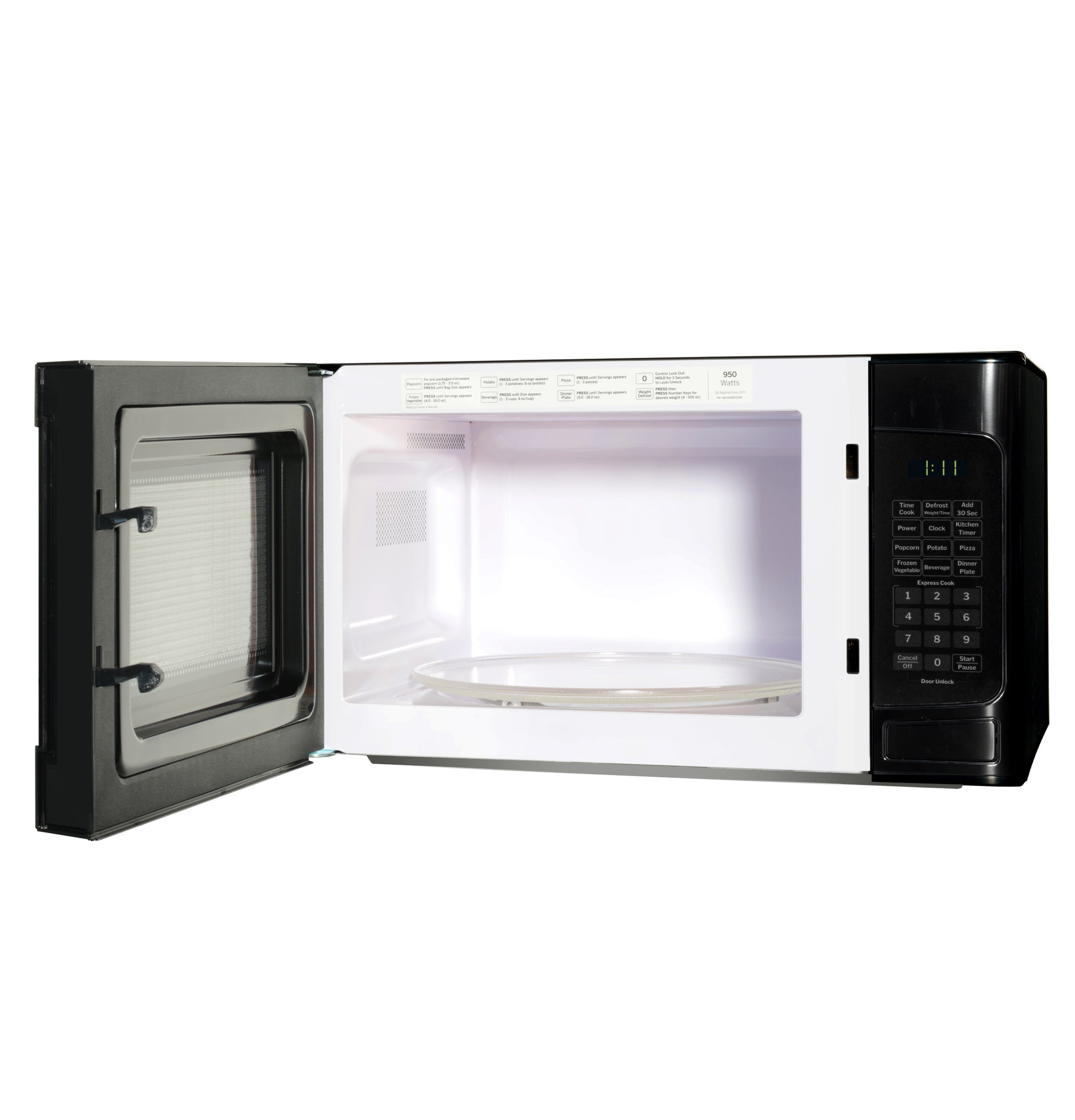 Open black countertop microwave with digital keypad and empty interior from kitchen appliances collection