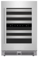 Front view of a stainless steel 24-inch dual zone wine cooler with glass door and digital control panel, featured in Refrigerators, Beverage Centers, Kitchen & Kitchenware, and Appliances at Hartville Hardware.