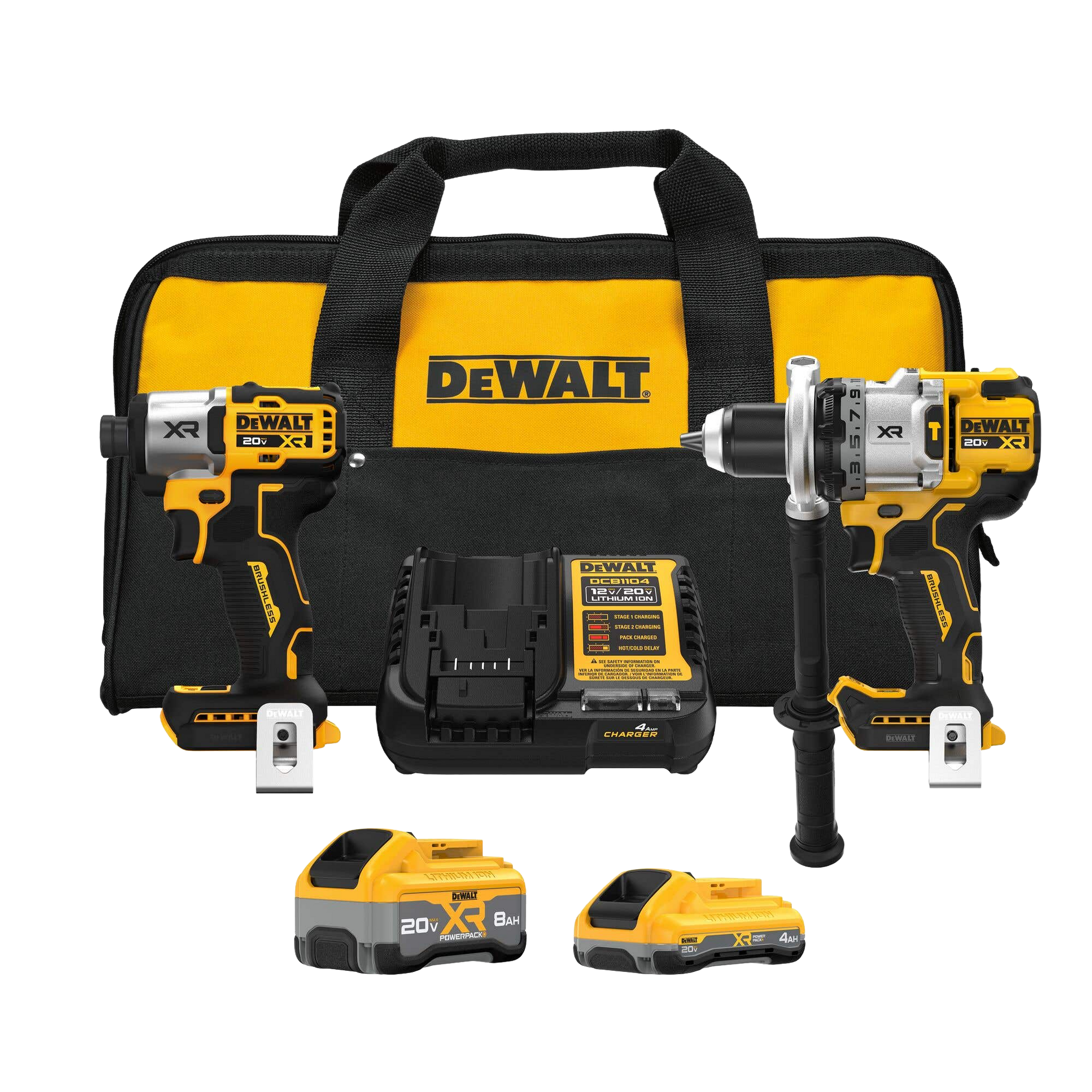 Yellow and black power tool combo kit with hammer drill, impact driver, batteries, charger, and carrying case for home improvement