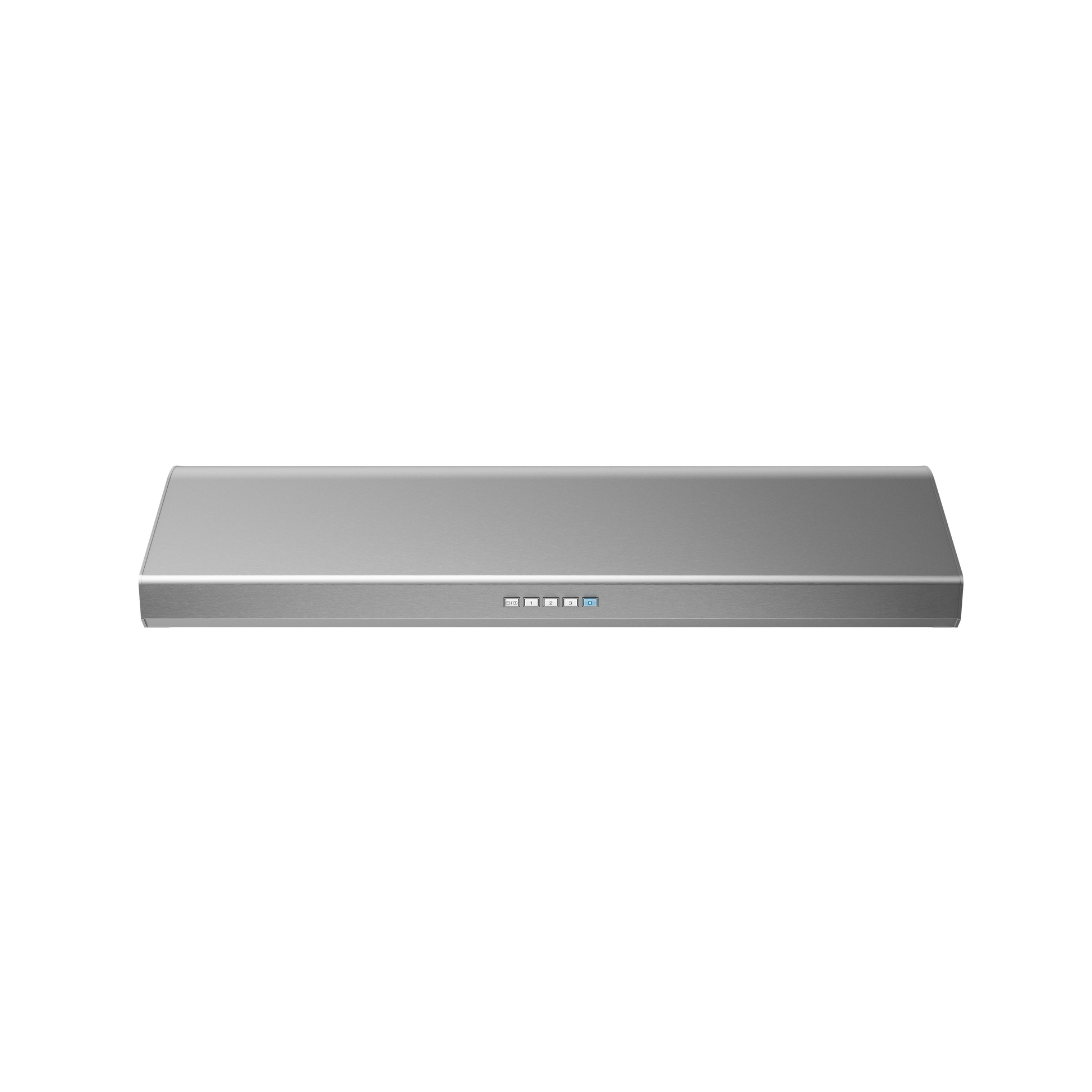 Sleek stainless steel under cabinet range hood with electronic touch controls for modern kitchen appliances collections