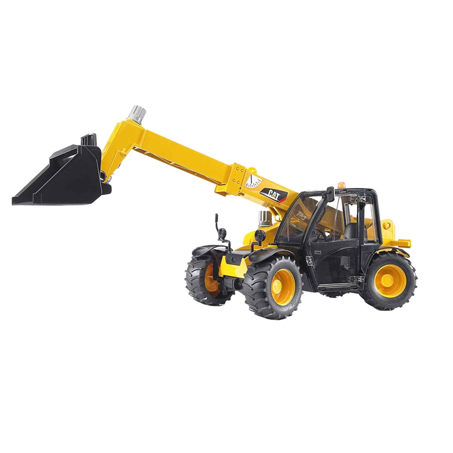 Yellow and black Bruder telehandler toy with extendable arm and bucket in vehicles and toys collection
