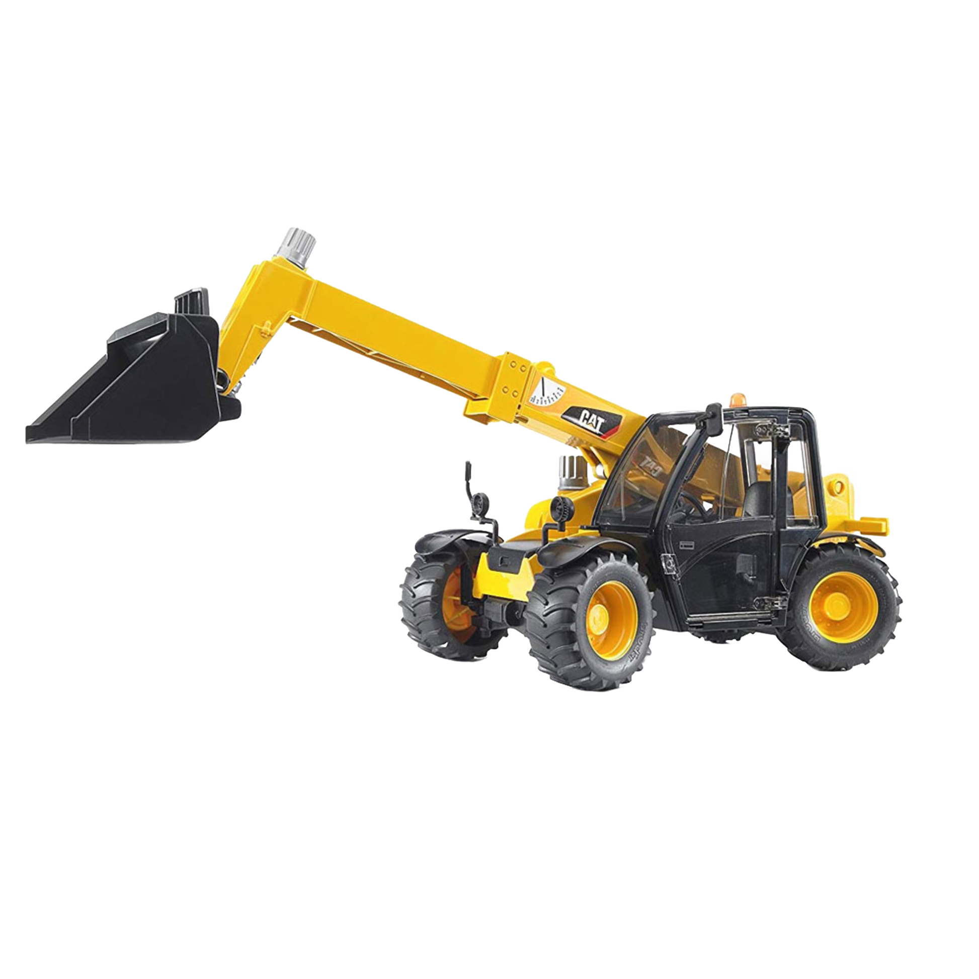 Yellow and black Bruder telehandler toy with extendable arm and bucket in vehicles and toys collection