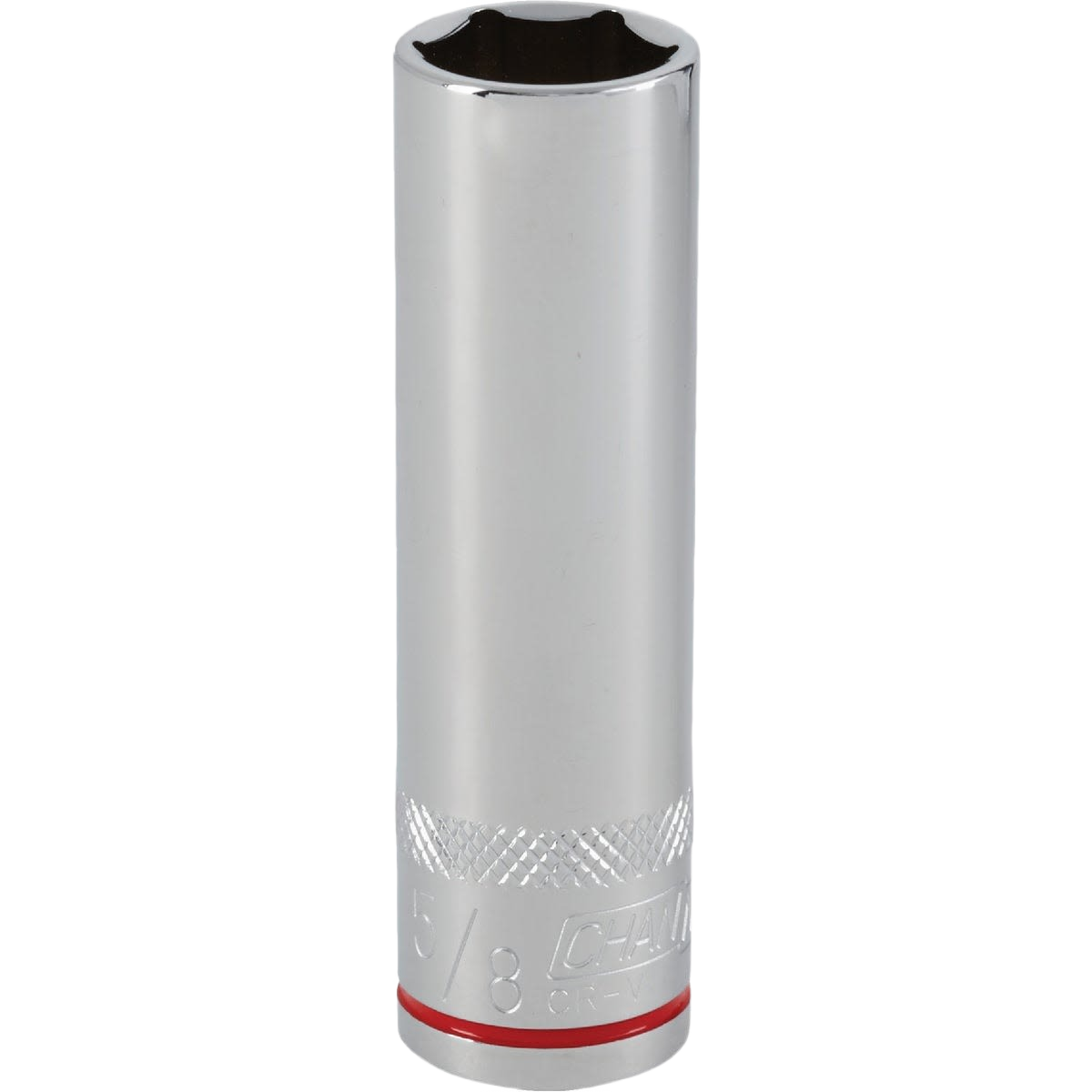 Chrome plated deep socket with 6-point design and color-coded band for quick size identification in hand tool collections
