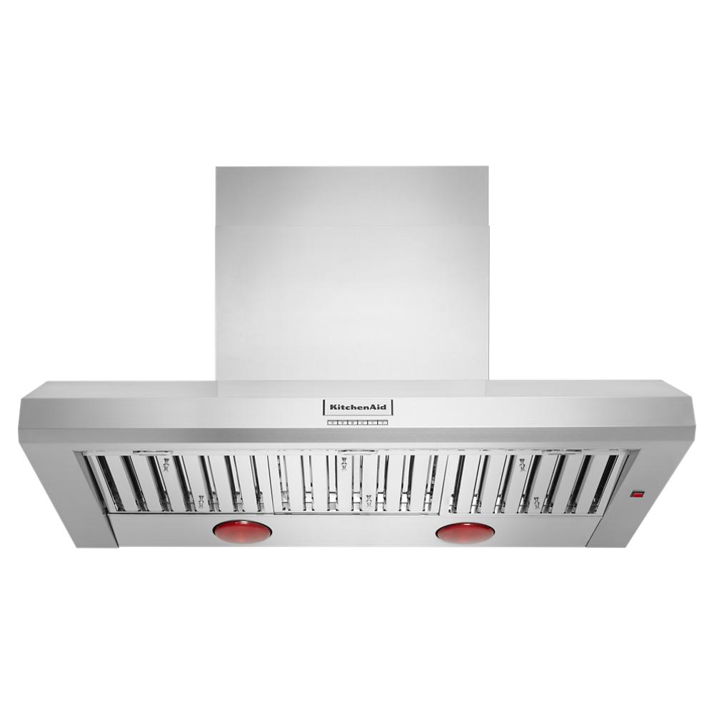 stainless steel wall-mounted canopy range hood with vent filters and control knobs for kitchen ventilation