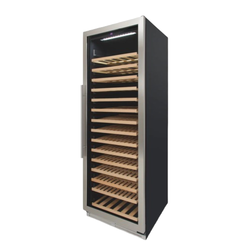 Tall black and stainless steel wine cooler with wooden shelving for 165 bottles in kitchen and appliances collection