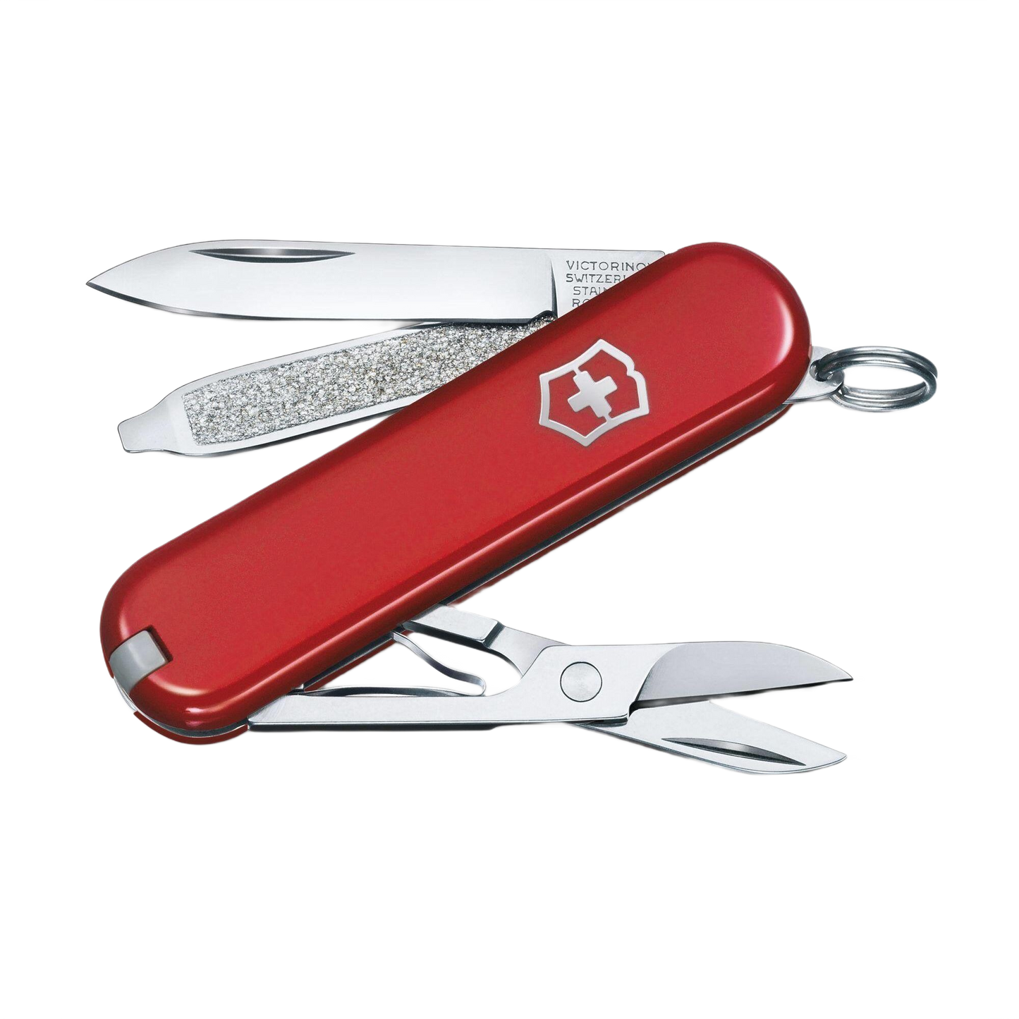 Compact red pocket knife with knife blade, nail file, and scissors for everyday tools and home improvement tasks
