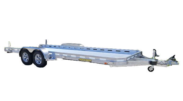 Silver tandem axle utility trailer with steel frame and dual tires for tools and home improvement use