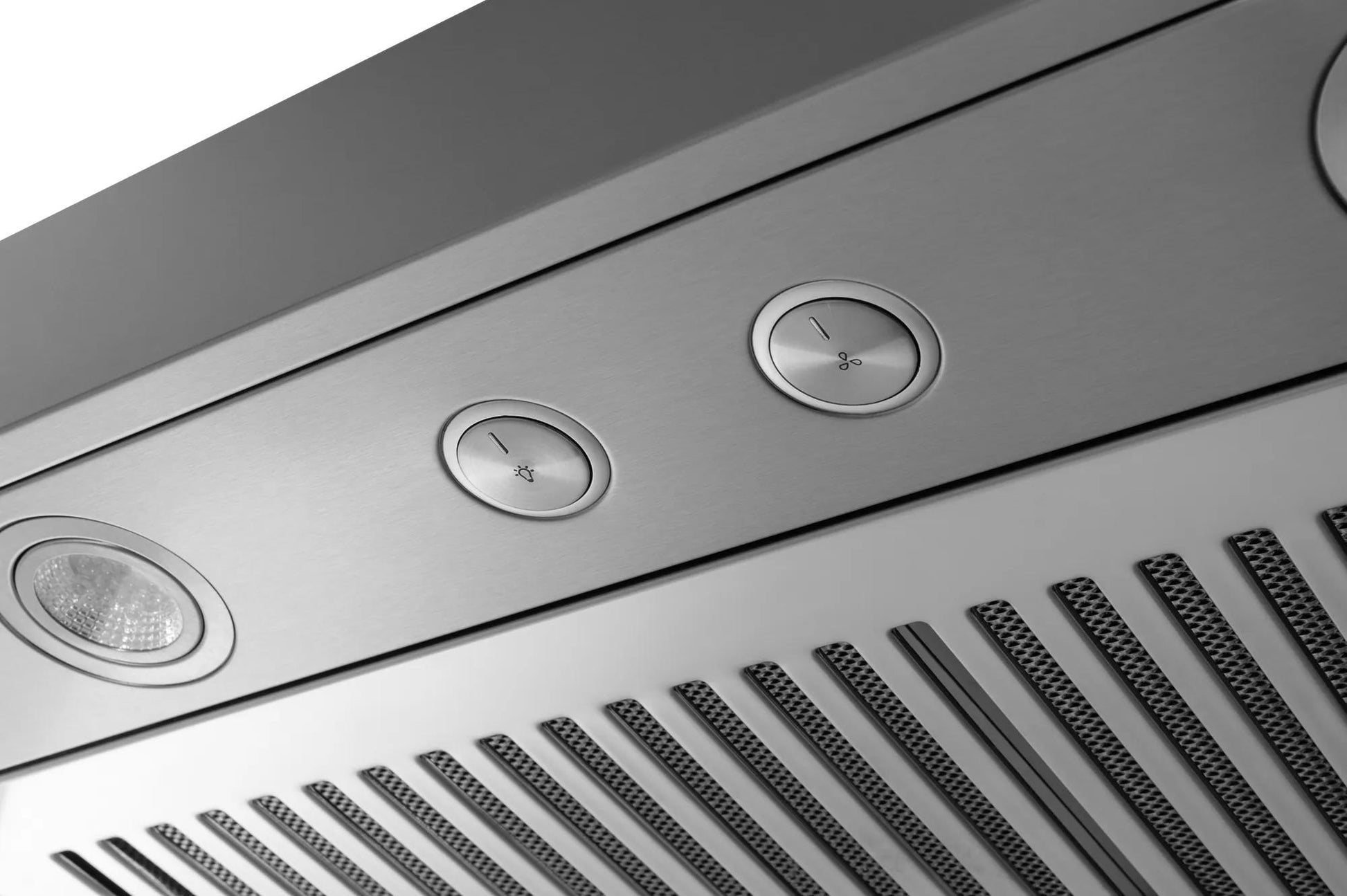 Close-up of stainless steel range hood control panel with fan speed buttons and built-in light in kitchen appliances collection
