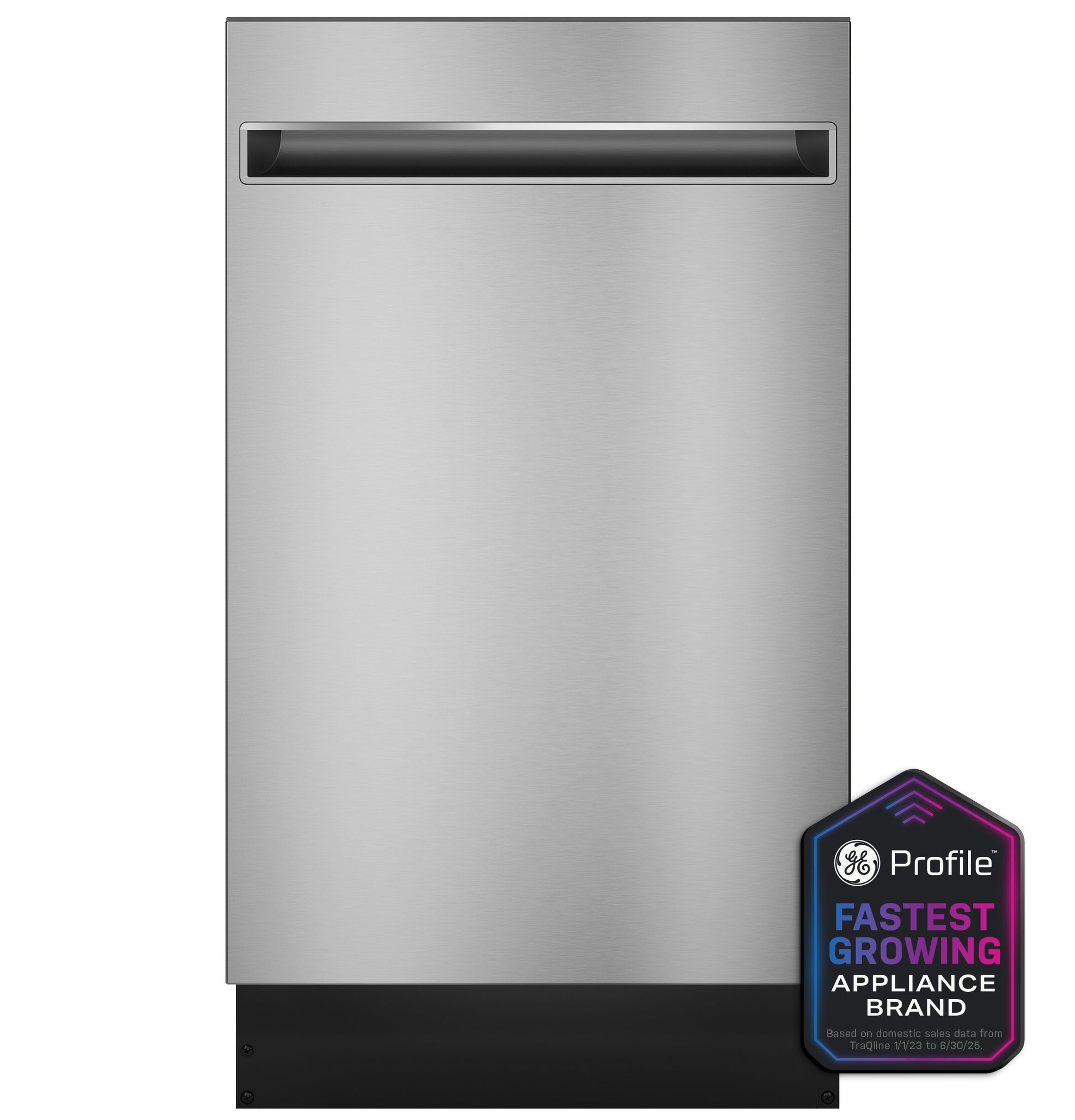 Stainless steel 18-inch dishwasher with top handle and badge highlighting fastest growing appliance brand, kitchenware collection.