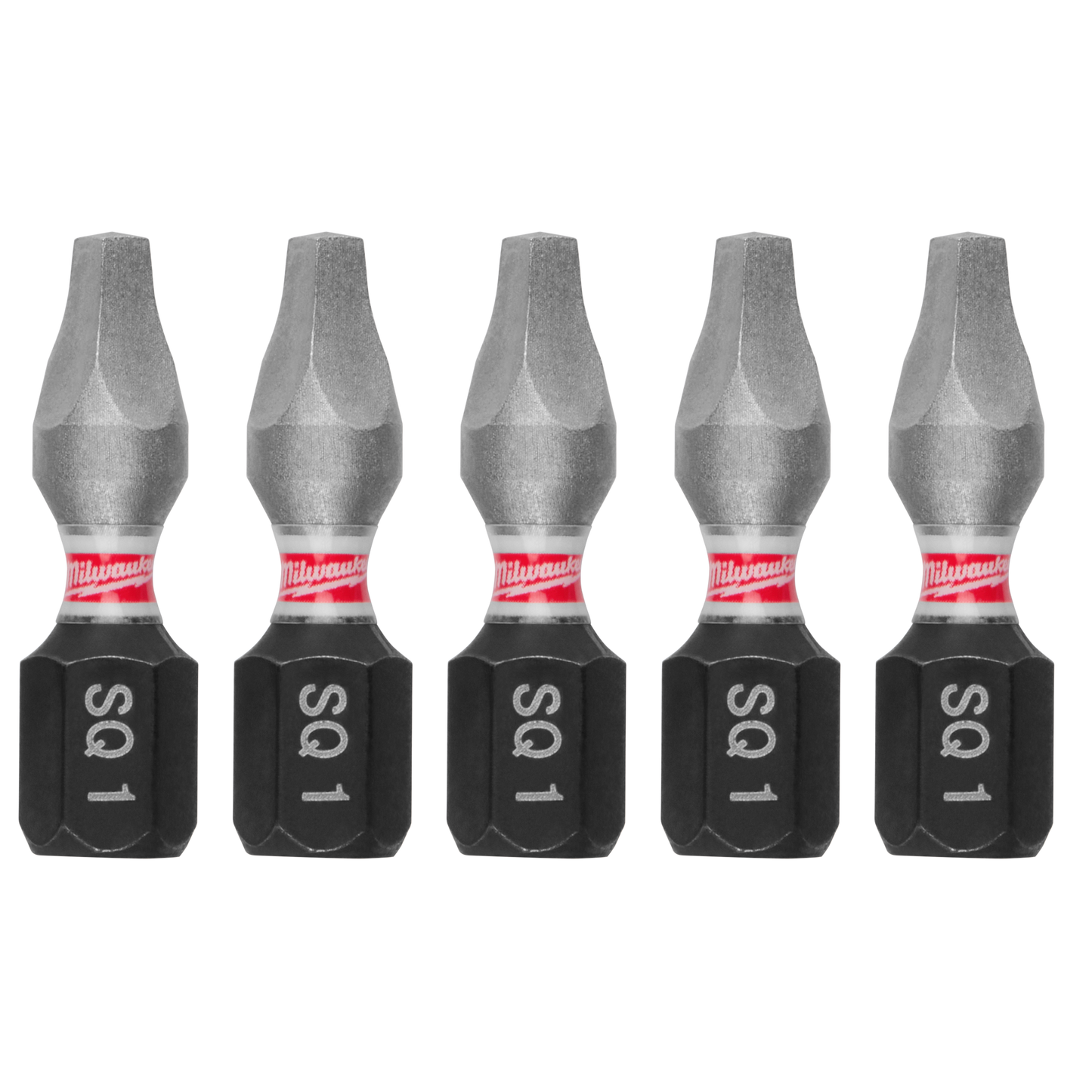Set of five Milwaukee impact duty 1-inch square recess insert bits for power tool accessories and home improvement use