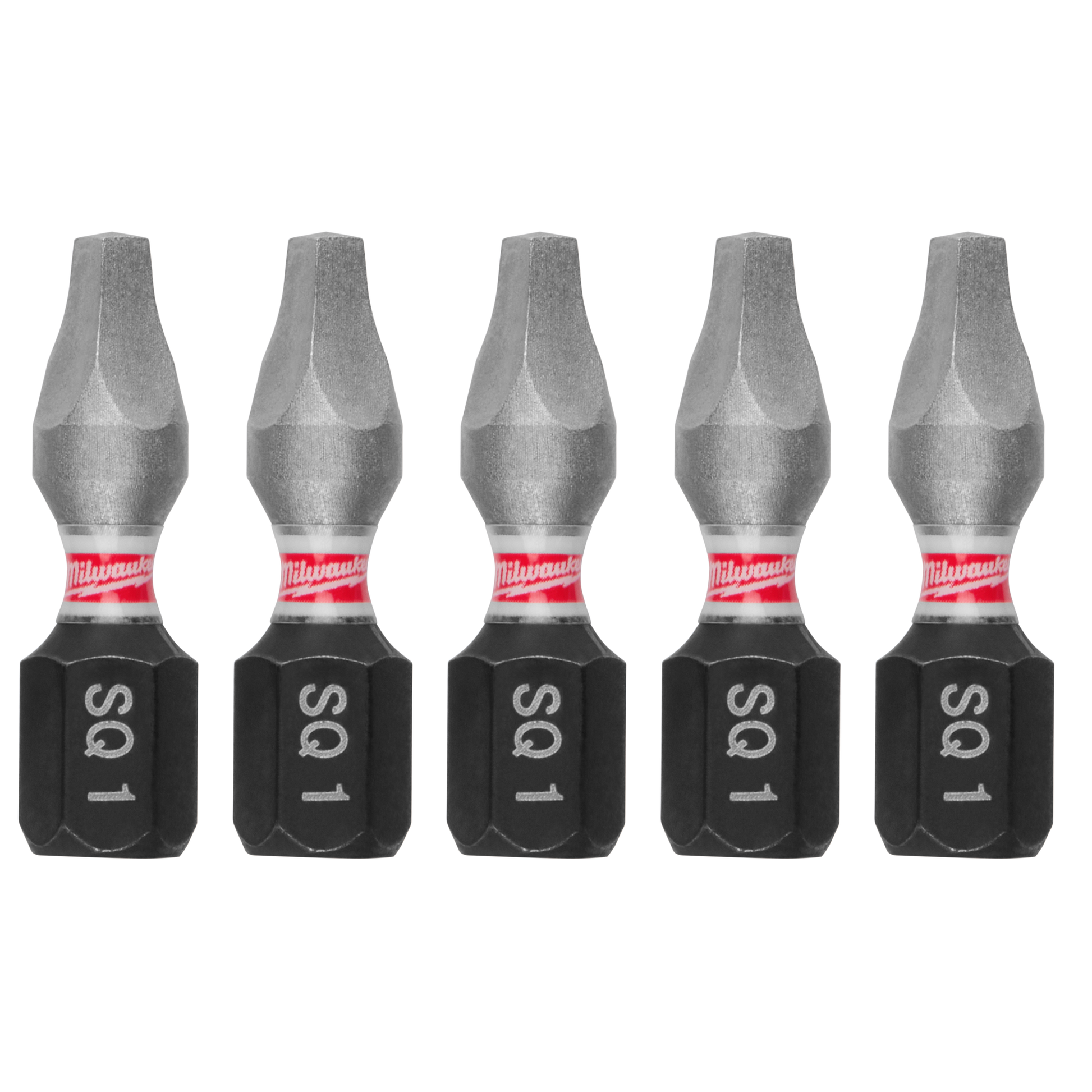 Set of five Milwaukee impact duty 1-inch square recess insert bits for power tool accessories and home improvement use