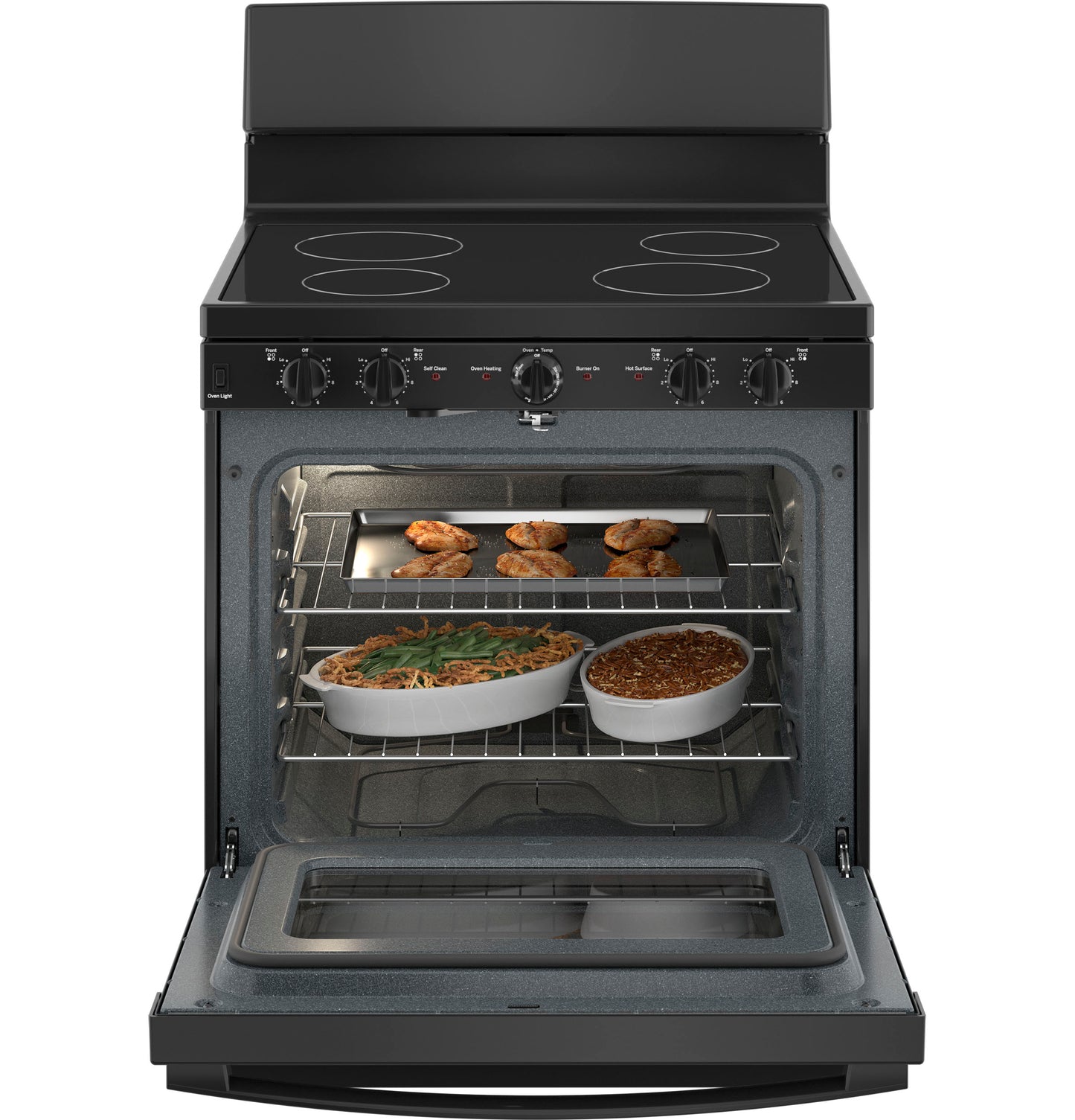 Black free-standing electric smooth cooktop range with open oven door showing baked food in Ranges and Appliances collections
