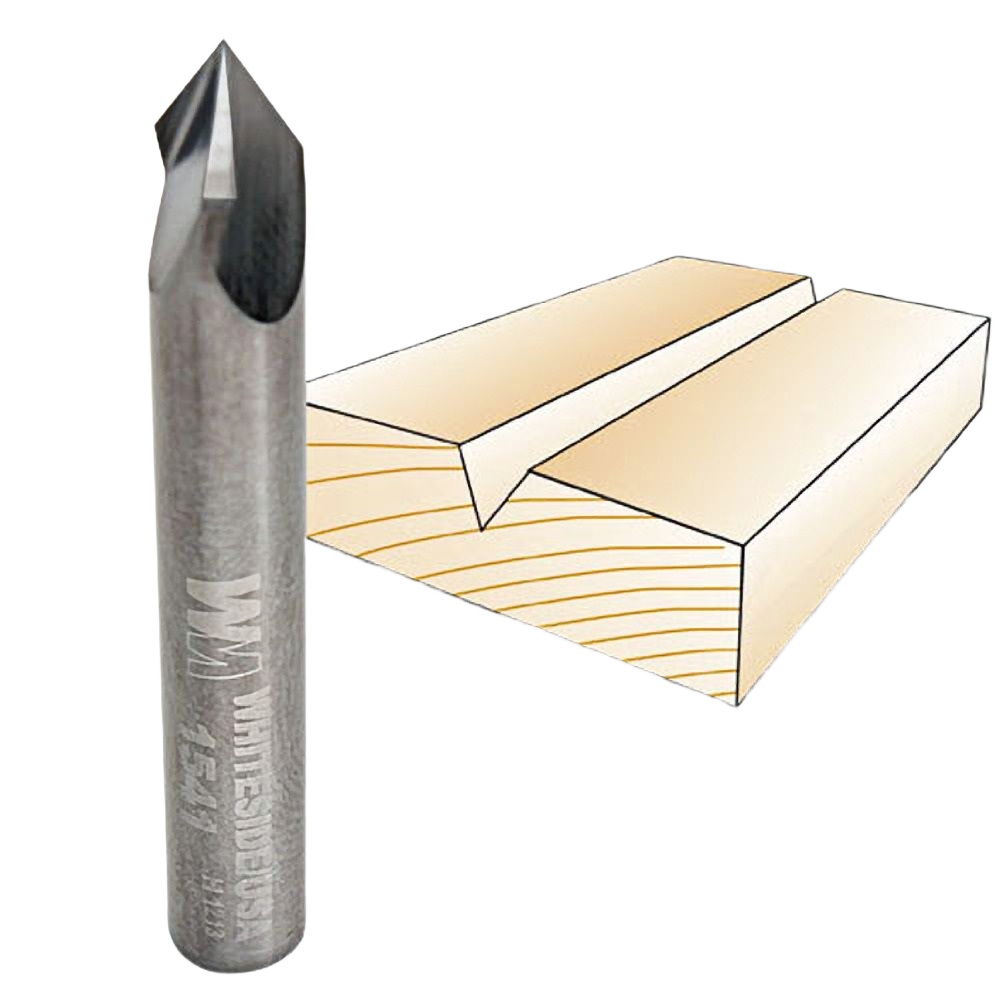 Whiteside 60-degree three flute V-groove router bit alongside wood with a V-shaped groove for tool accessories and home improvement collections