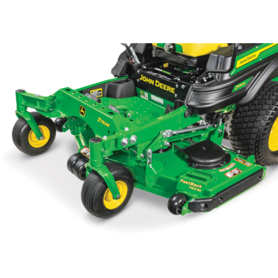 Green and yellow riding mower deck with front caster wheels, heavy-duty frame, and mulch on demand feature for lawn care