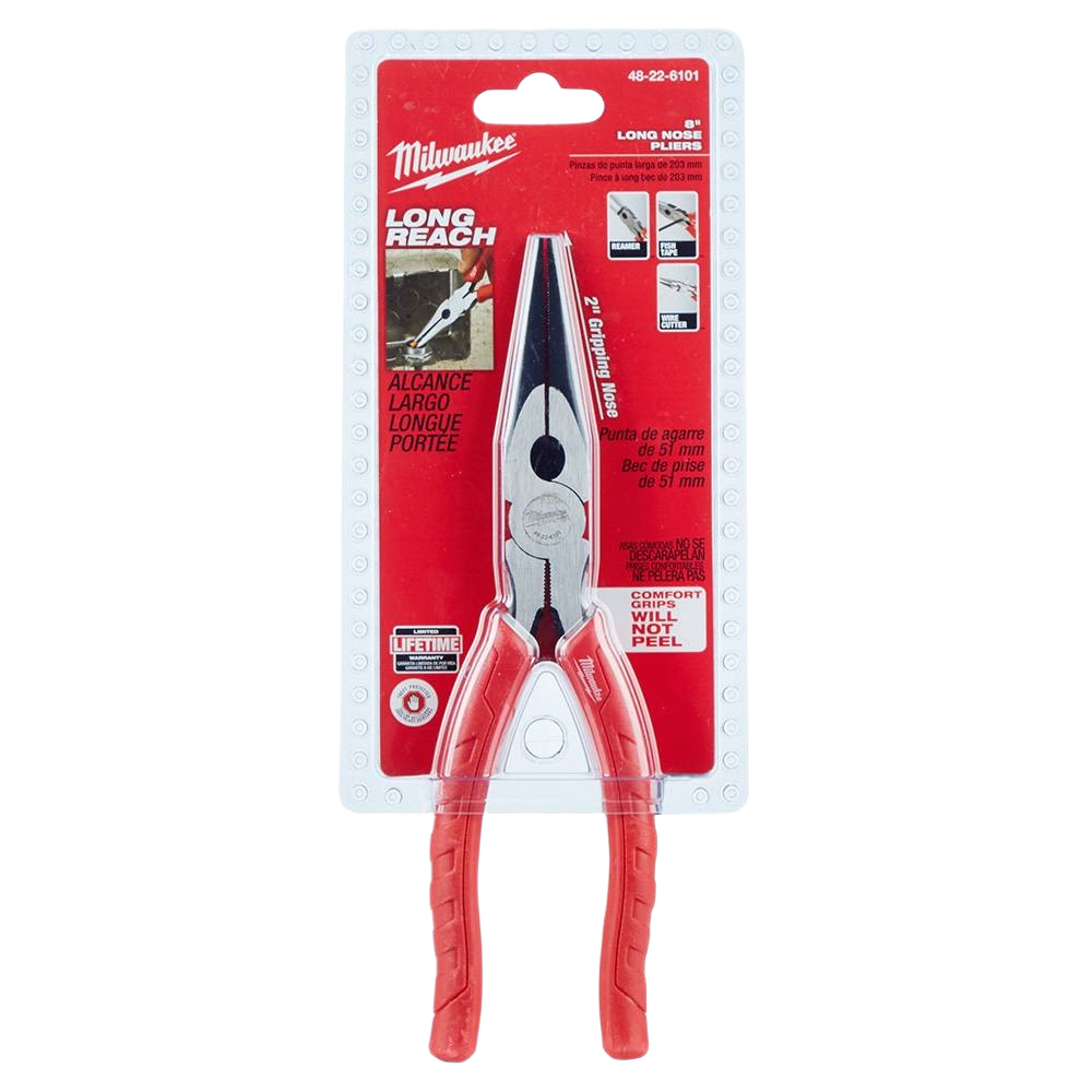 8-inch long nose pliers with red comfort grips designed for precision tasks in tools and home improvement