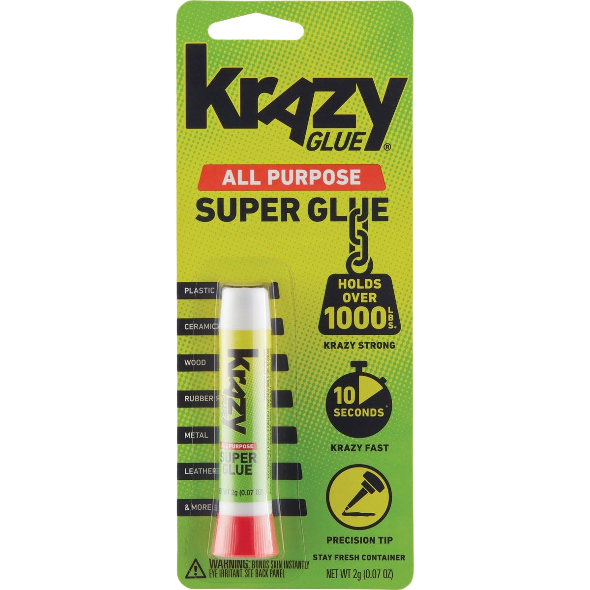 Krazy Glue instant super glue tube with green packaging, precision tip, and fast bonding for home improvement use