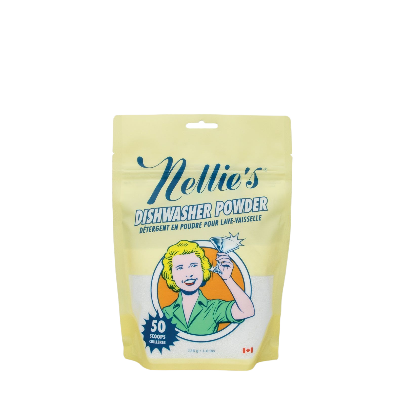Beige pouch of Nellie’s dishwasher powder with retro illustration and 50 scoops label for kitchen cleaning tasks