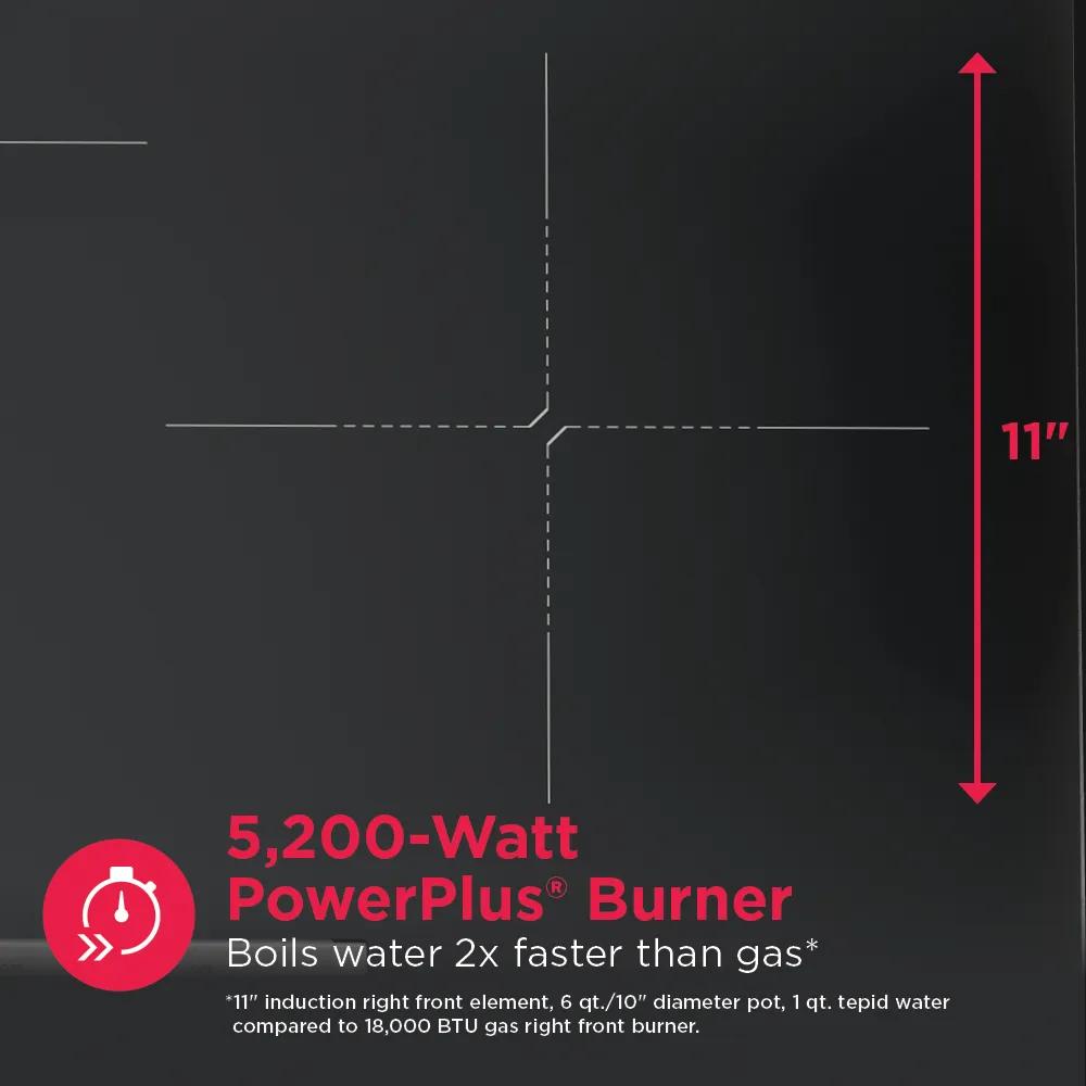 Close-up of a black induction cooktop showing an 11-inch 5,200-watt PowerPlus burner for fast boiling in kitchen appliances collection.