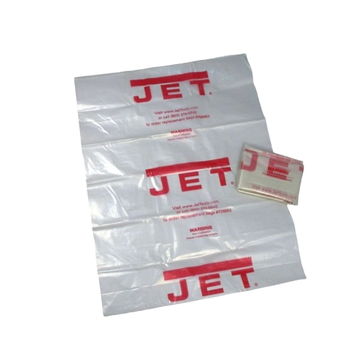 Clear plastic replacement bags with red JET branding for dust collection in tools and home improvement tasks