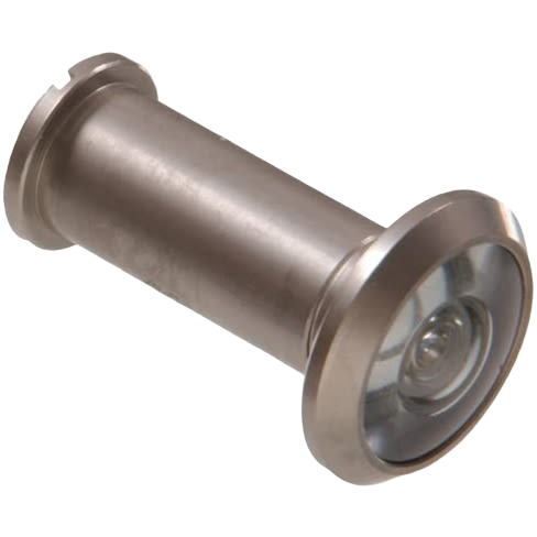 Wide-angle door viewer made of solid brass with a satin nickel finish for home improvement and hardware collections