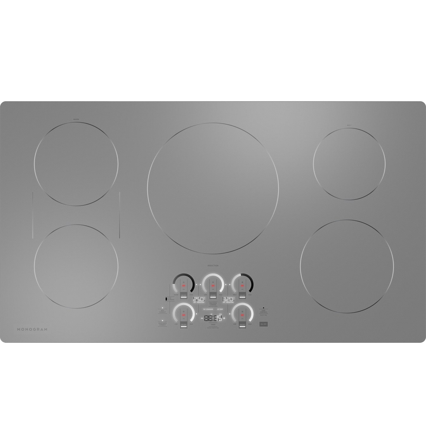 Stainless steel induction cooktop with five heating zones and digital controls, part of induction cooktops collection