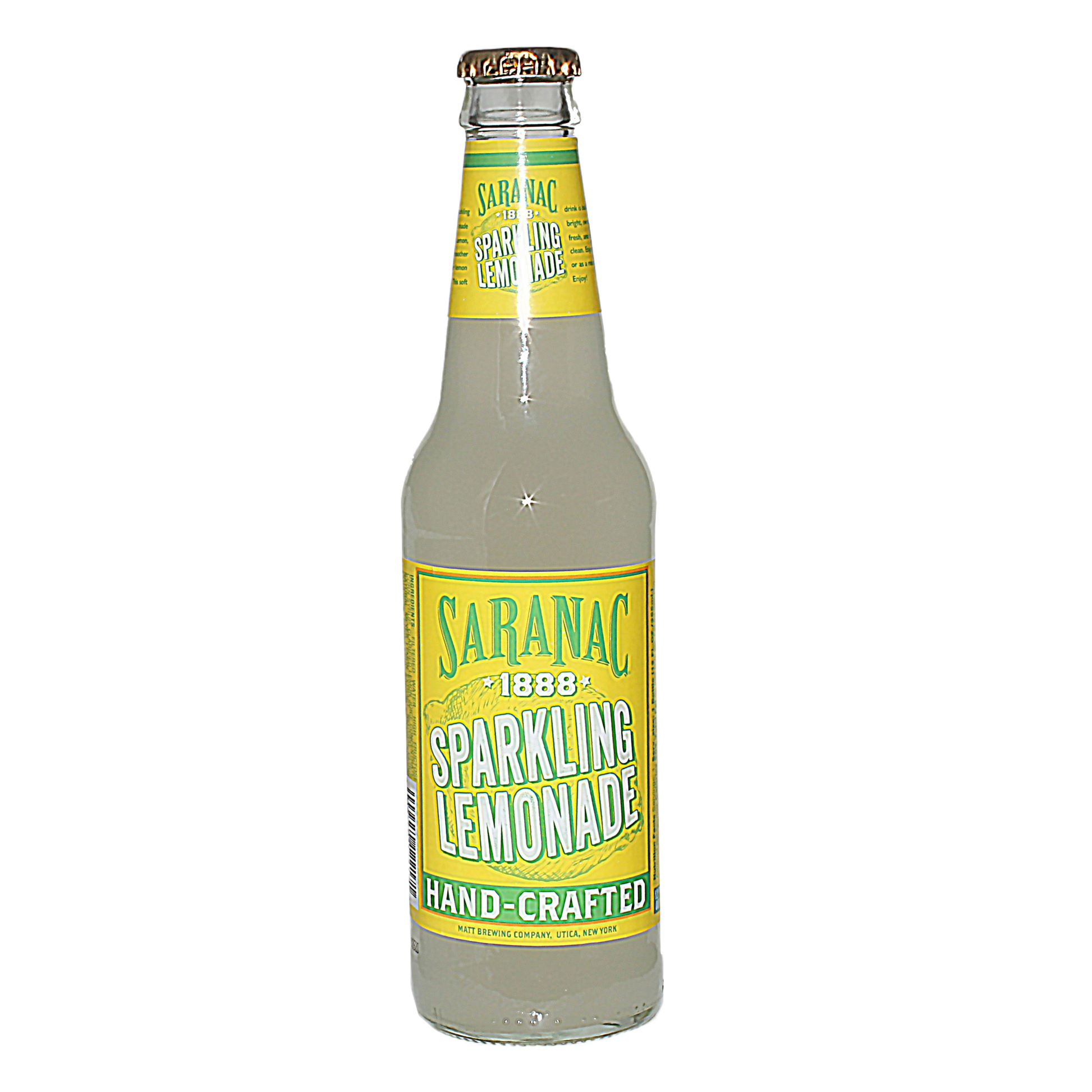 Clear glass bottle of sparkling lemonade with bright yellow and green label featuring handcrafted design details