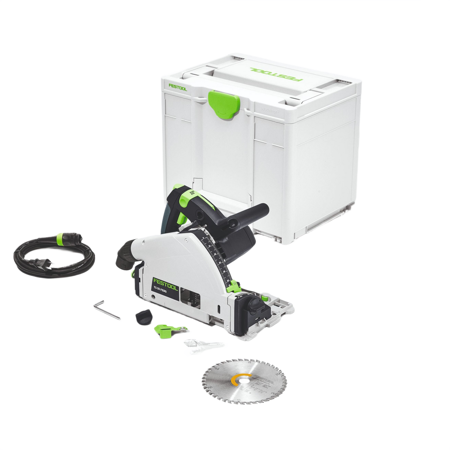 Compact plunge-cut track saw with blade, power cord, hardware, and sturdy carrying case for electric power tools collections