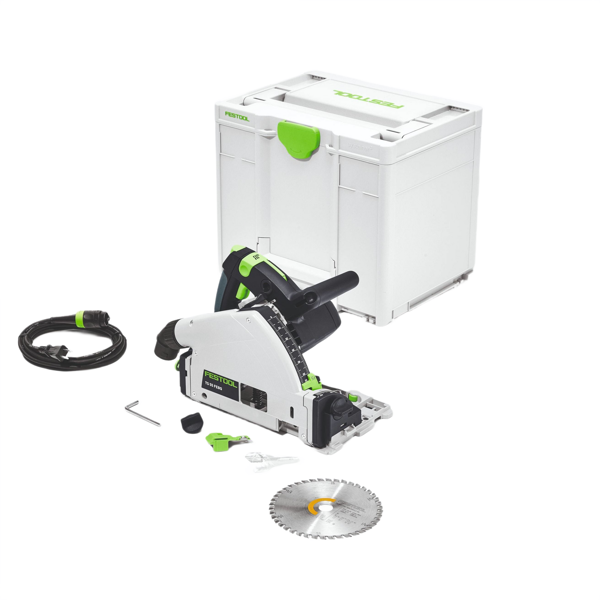 Compact plunge-cut track saw with blade, power cord, hardware, and sturdy carrying case for electric power tools collections