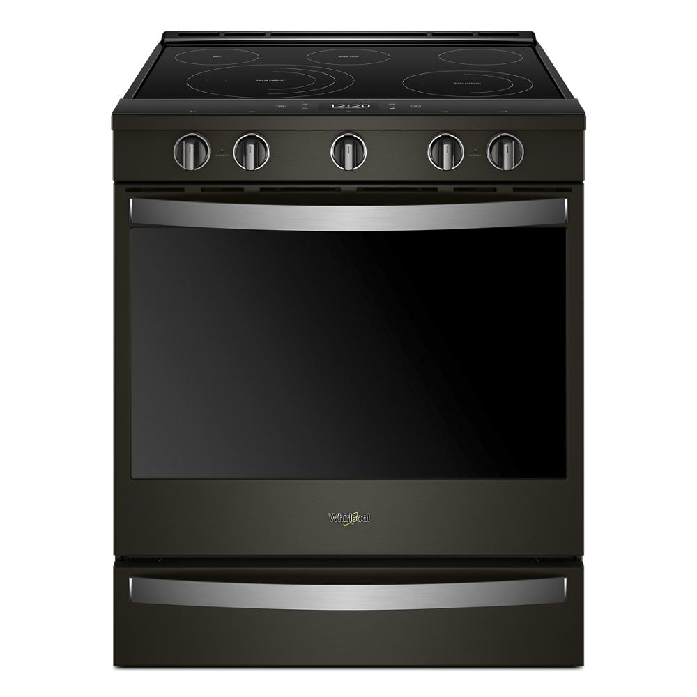 Black slide-in electric range with glass cooktop, control knobs, and stainless steel accents for kitchen and home improvement use