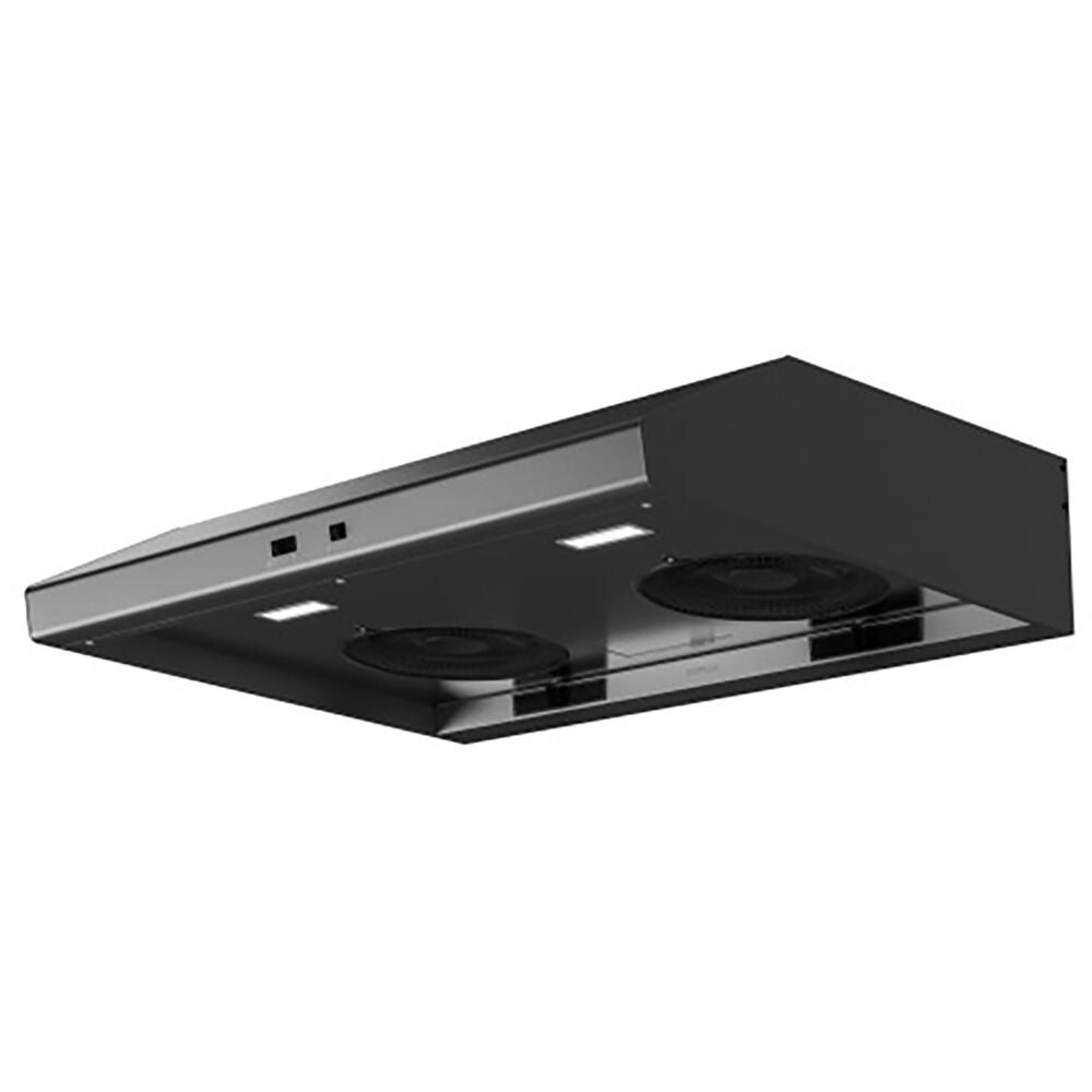 Under cabinet range hood in sleek black with dual fans and LED lighting for modern kitchen appliance setup