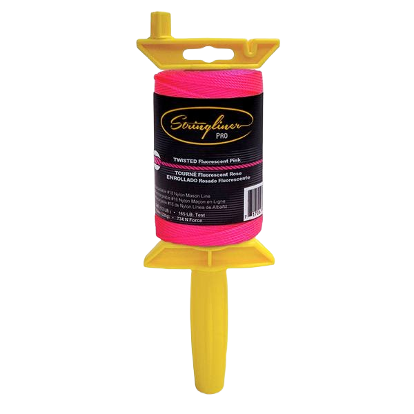 Spool of fluorescent pink twisted mason line with yellow handle for home improvement and tools use