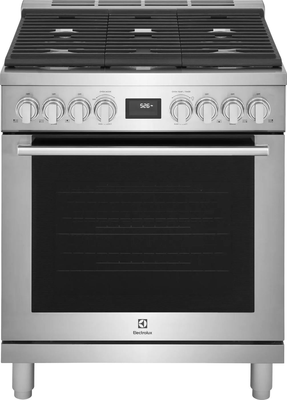Front view of stainless steel freestanding range with gas burners, digital display, and black oven door in kitchenware collection