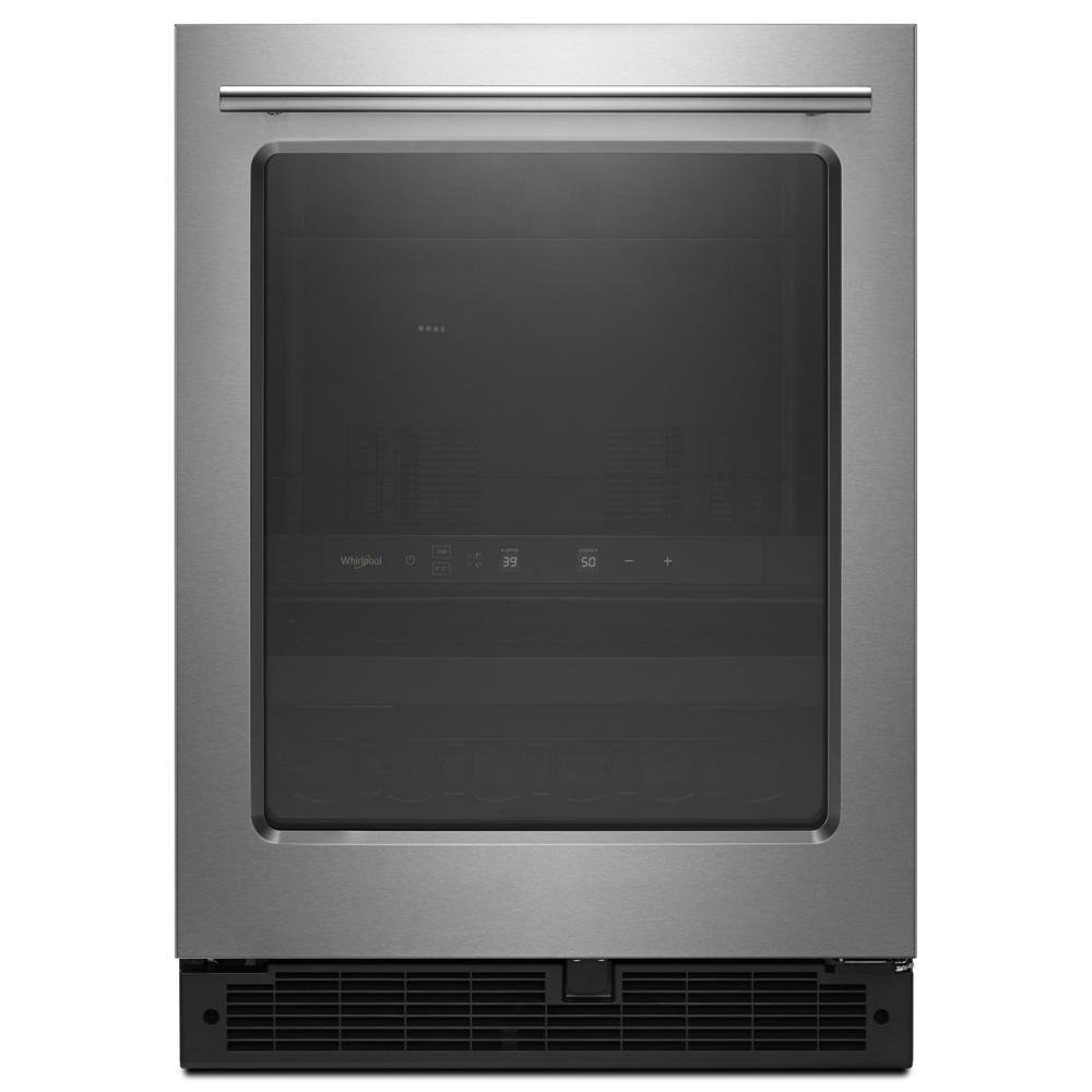 Stainless steel undercounter beverage center with glass door and towel bar handle in kitchen appliances collection
