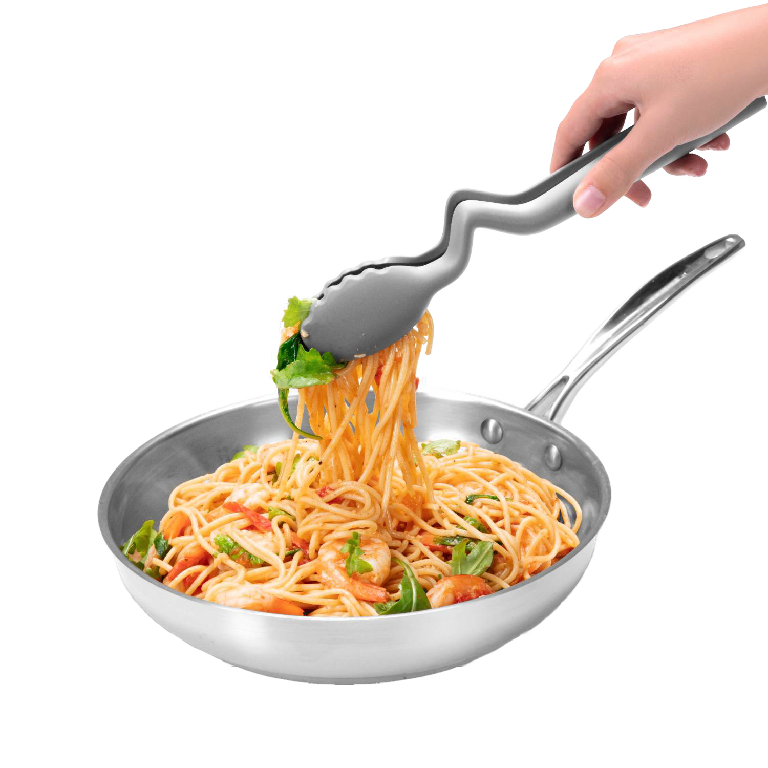 Gray silicone kitchen clongs lifting spaghetti with shrimp from stainless steel frying pan in kitchen utensils collection under $50