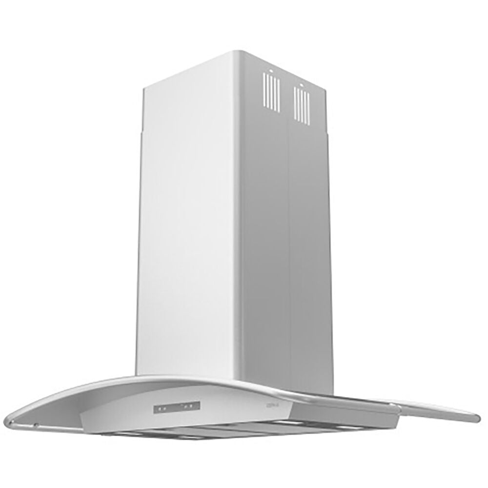 Curved stainless steel island range hood with LED lighting and sleek vent design for modern kitchen ventilation
