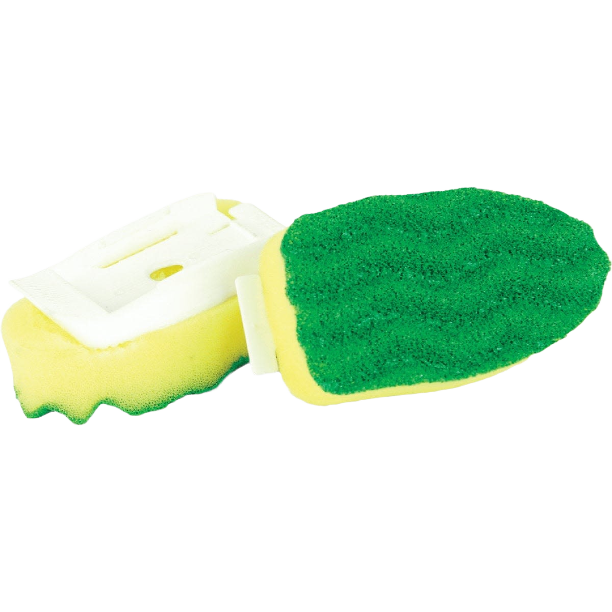 Two yellow and green refill scrub brushes with clips for cleaning tools in home improvement collections