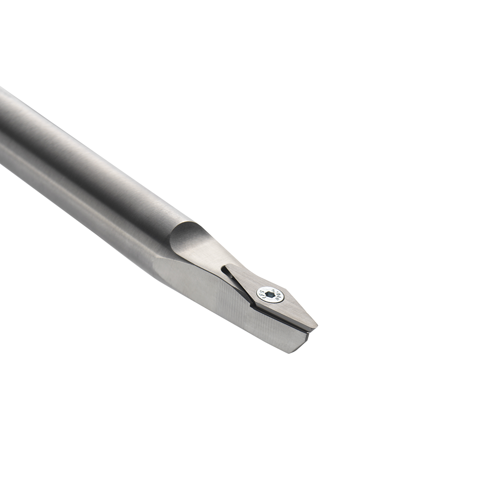 Close-up of a carbide turning tool tip with metal shaft for precision woodturning in woodworking tools collection