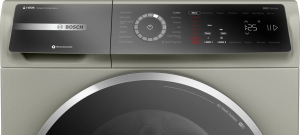 Close-up of control panel and display on Pearl Steel Bosch 800 Series compact front load washer in washers collection