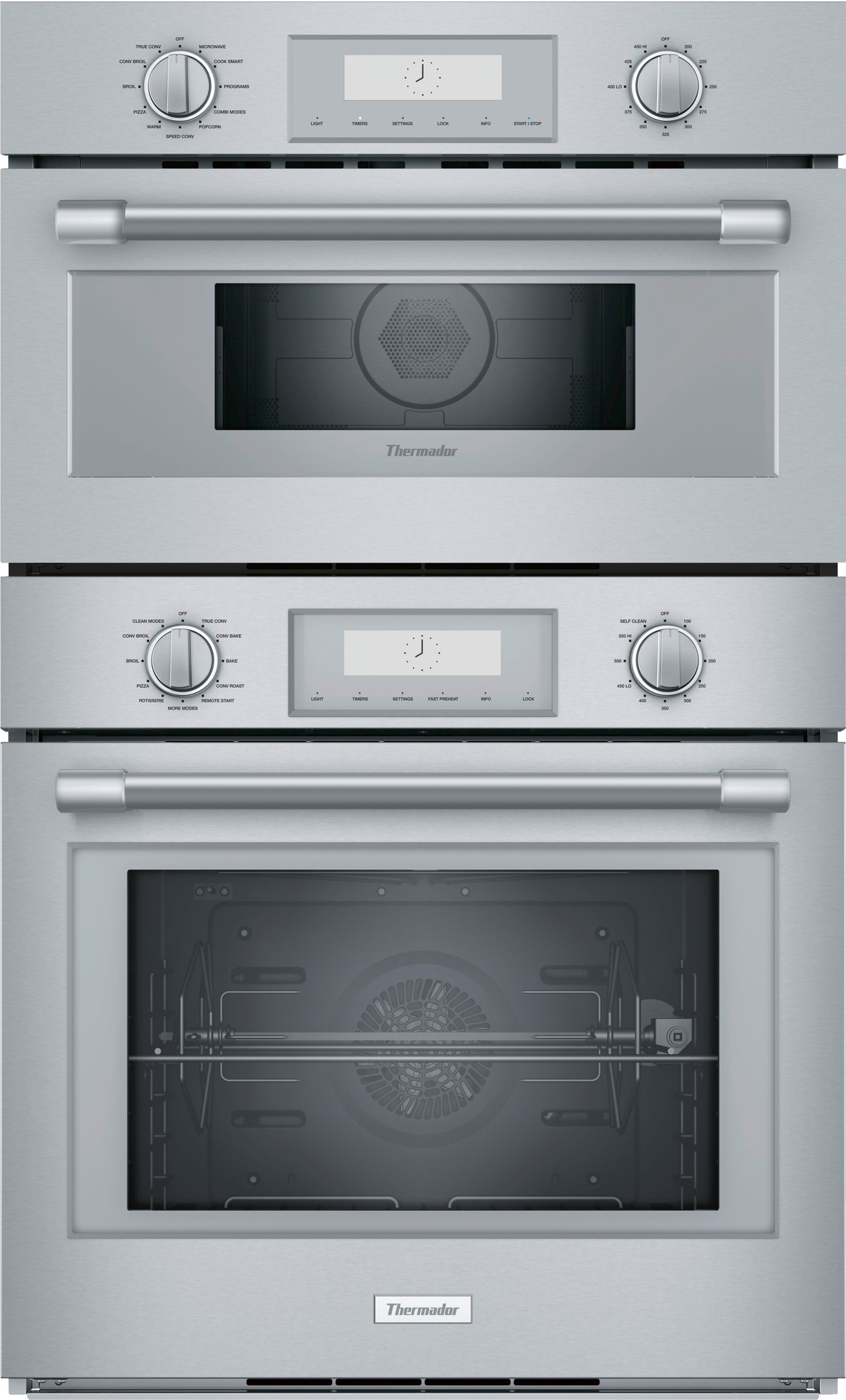 Professional stainless steel double built-in oven with speed oven and digital display from Thermador wall ovens collection