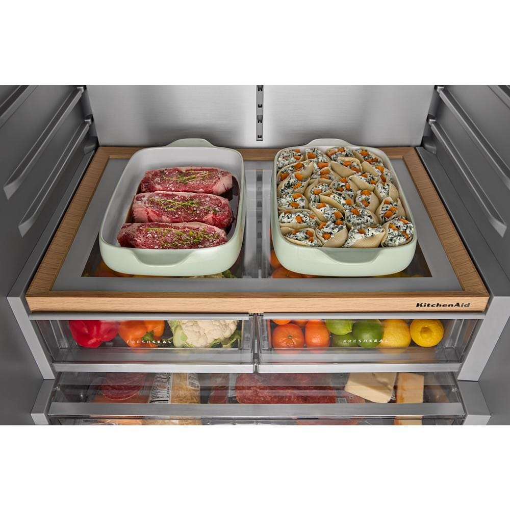 30 Cu. Ft. 36-Inch French Door Refrigerator with Exterior Water and Ice Dispenser and Wood-Look Sliding Tray in PrintShield® Finish