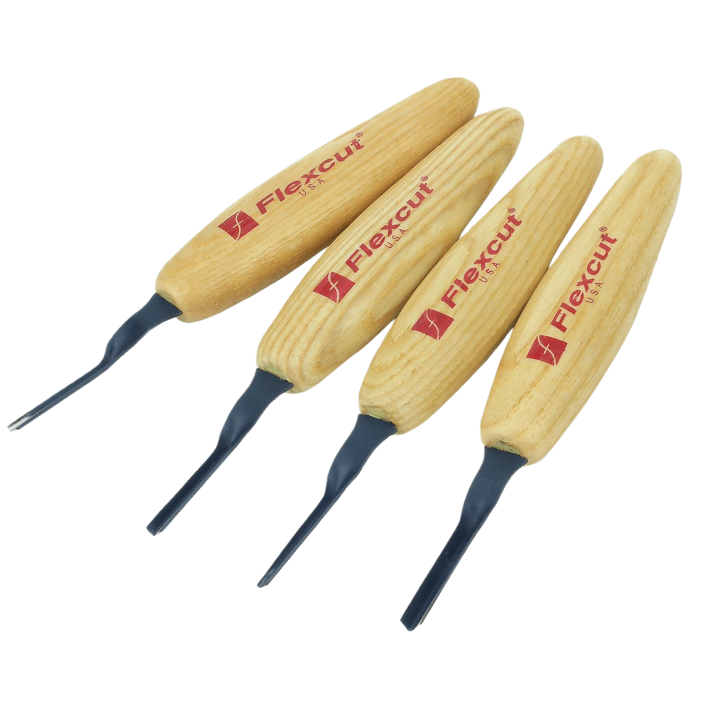 Set of four wood carving micro tools with wooden handles for detailed hand tool use in woodworking and home improvement projects