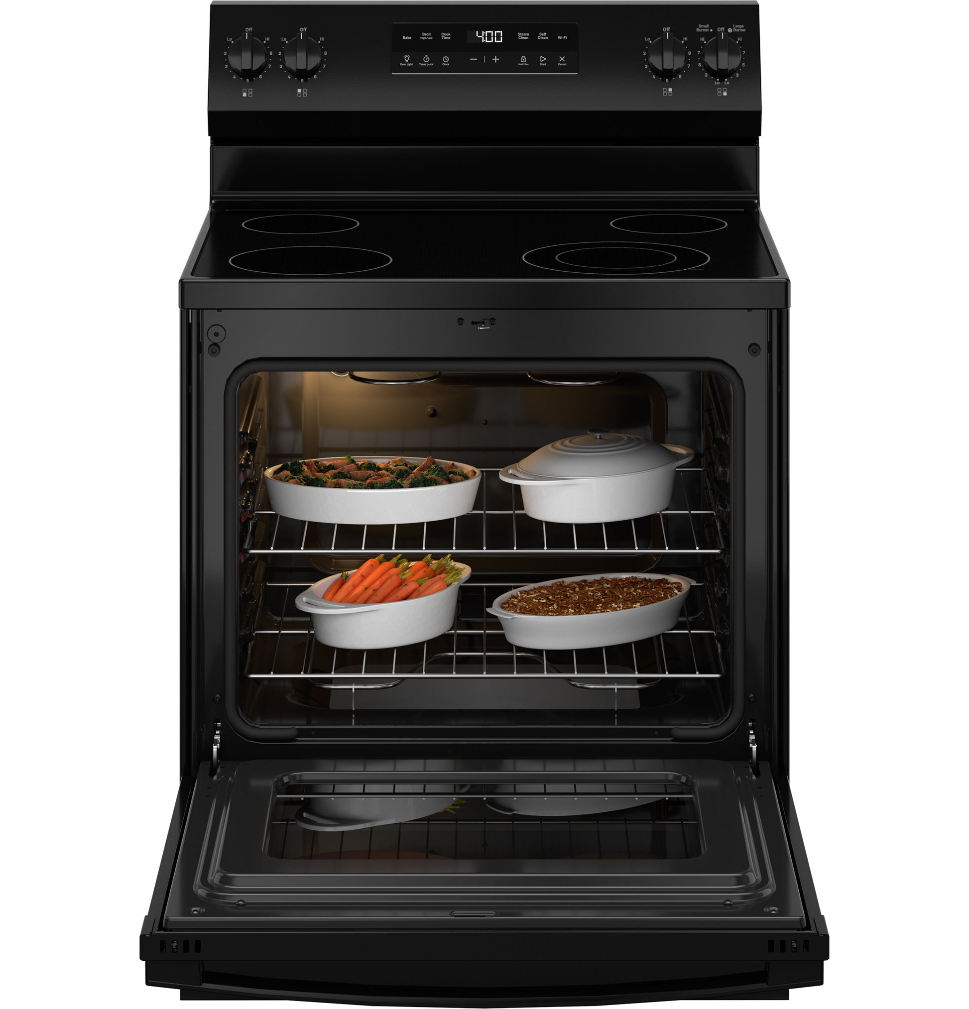 Black free-standing electric range with smooth top burners and open oven containing four baking dishes from Ranges collection
