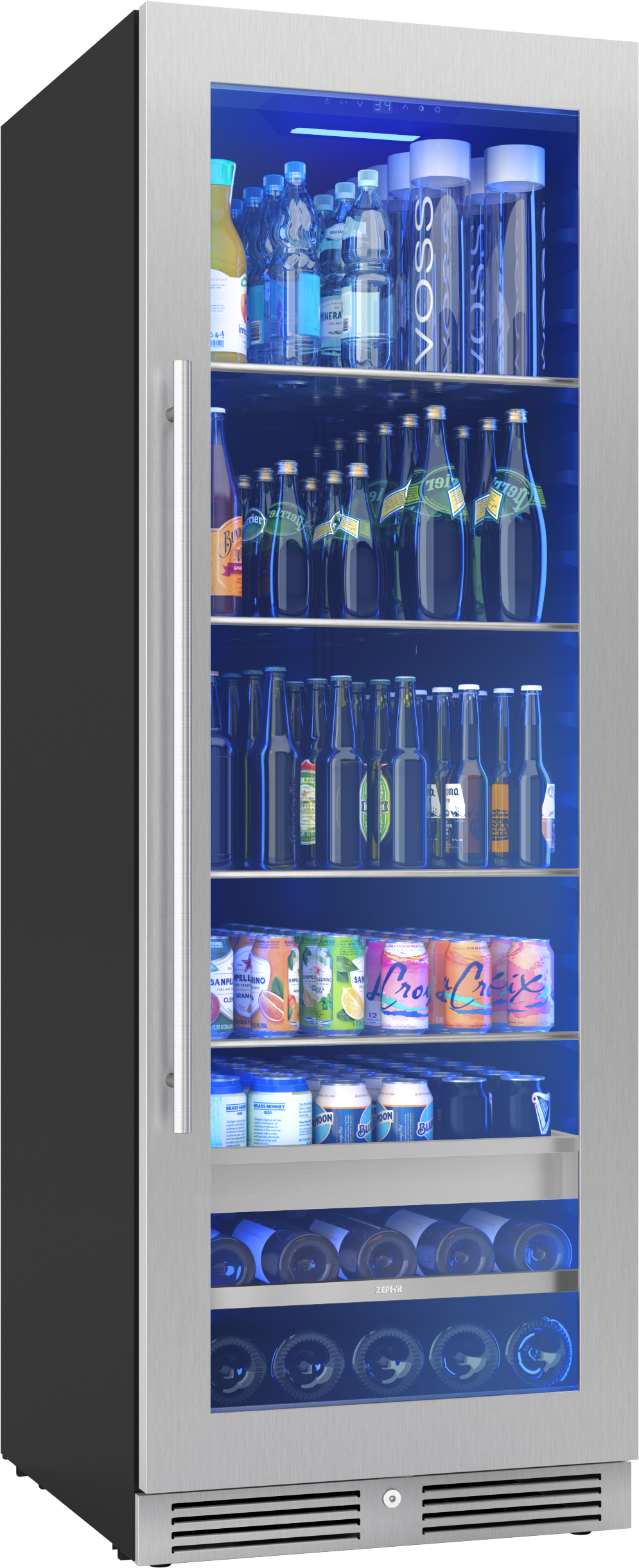 24-inch stainless steel beverage cooler with glass door, interior lighting, and multiple shelves stocked with drinks in kitchen appliances collection